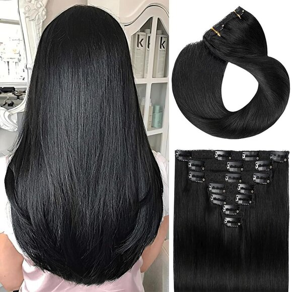 Other - 18" Clip in Human Hair Extensions Full Head 150g 7 Pieces 16 Clips Jet Black Dou